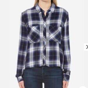 Rails Women's Dylan Shirt Oxford Blue Plaid Size S Cropped Button Front Pockets